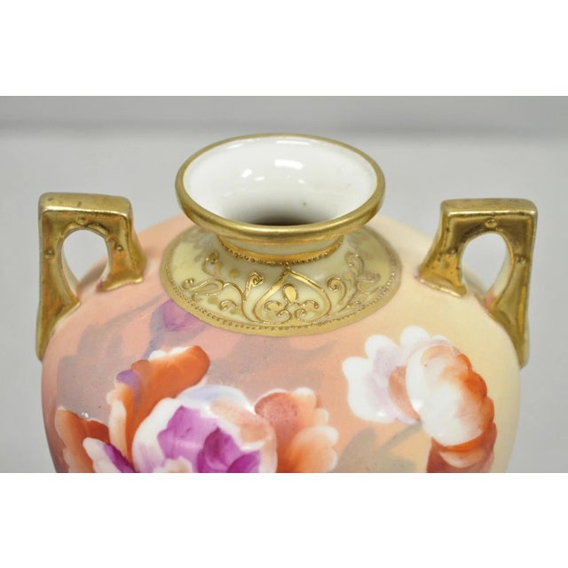 Antique Nippon Hand Painted Porcelain Small Pink Floral Vase W Gold Twin Handles For Sale - Image 4 of 12