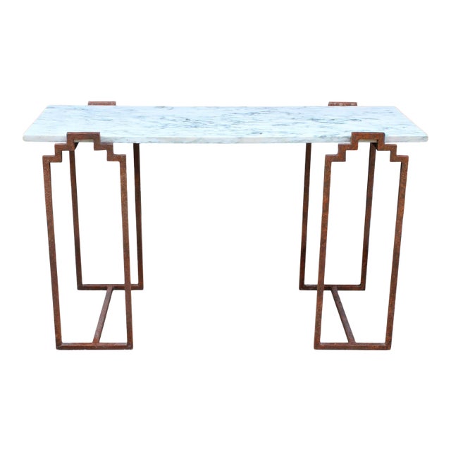 Vintage Art Deco Modern Skyscraper Iron & Carrera Marble Console Table For Sale