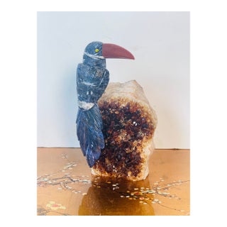 1960s Semiprecious Carved Stone Bird on Impressive Citrine Clusyer Geode Specimen For Sale