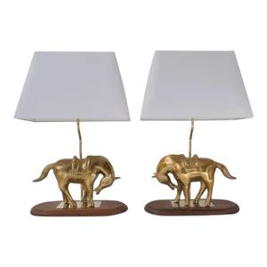 1970`s French Neoclassical Sculptural Horse Table Lamps Maison Jansen Style, Wood & Gilt Bronze - a Pair, Rewired