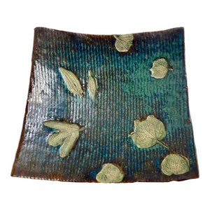 Vintage Square Pacific Rim Blue & Green Imprinted Leaf Ceramic Dish