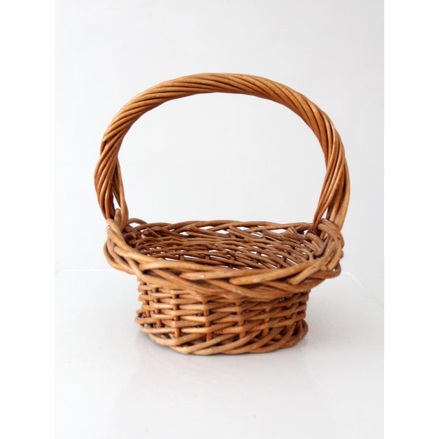 Mid 20th Century Vintage Woven Wicker Gathering Basket With Twisted Handle For Sale - Image 5 of 13