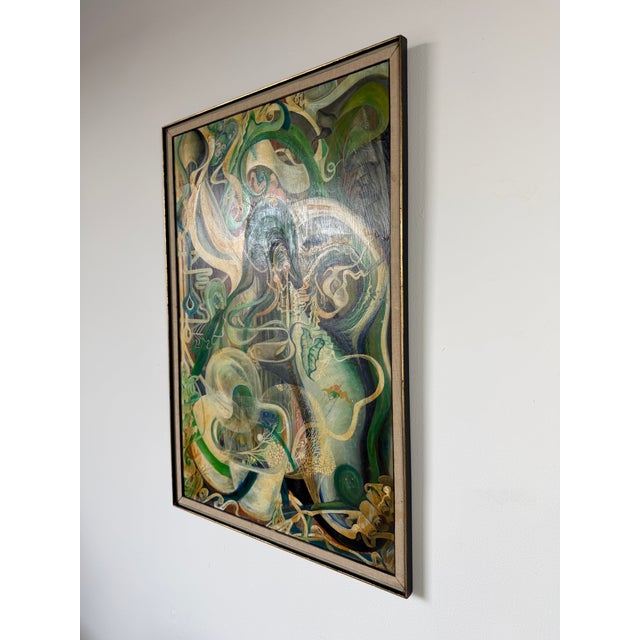 1970s 1970s Barbara Conger Expressionist Surrealist Abstract Oil on Plywood Painting, Framed For Sale - Image 5 of 12