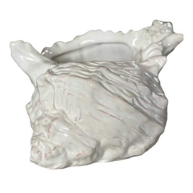 Vintage Coastal Chic Ceramic Conch Shell Cachepot Planter For Sale