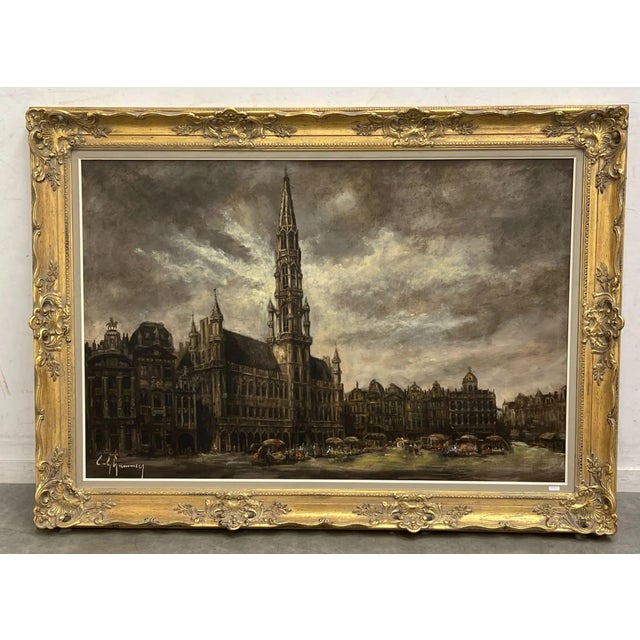 2000 - 2009 Emile Lammers, Market on the Grand Place in Brussels, 20th Century, Oil on Canvas For Sale - Image 5 of 5