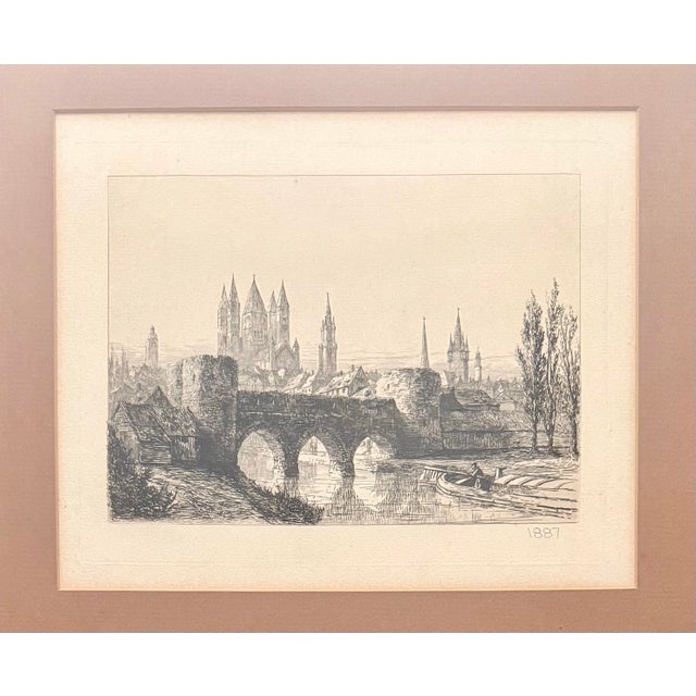 Victorian Antique 1887 Original Framed Ernest George “Ancient Bridge & City Wall” Copper Plate Etching For Sale - Image 3 of 12