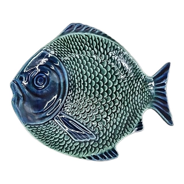 Vintage Olfaire Portugal Majolica Blue/Green Ceramic Fish Shaped Plate For Sale