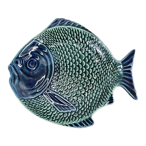 Vintage Olfaire Portugal Majolica Blue/Green Ceramic Fish Shaped Plate