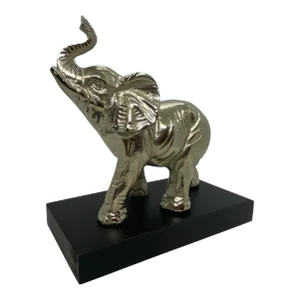 Contemporary Silver Aluminum Metal Elephant Sculpture Standing on Black Wood Plinth