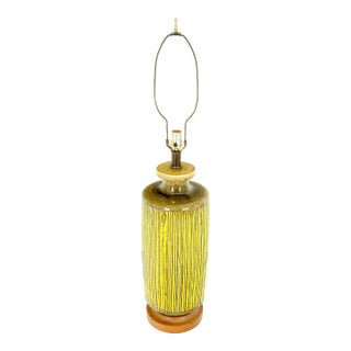 Large Ceramic Glazed Pottery Yellow & Olive Reed Grass Bamboo Pattern Lamp For Sale