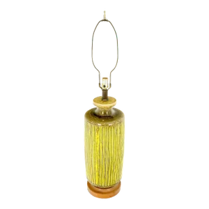 Large Ceramic Glazed Pottery Yellow & Olive Reed Grass Bamboo Pattern Lamp
