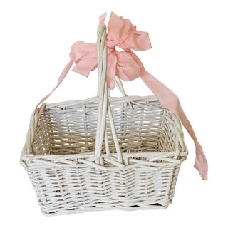 Vintage Wicker Basket Painted White With Bow For Sale