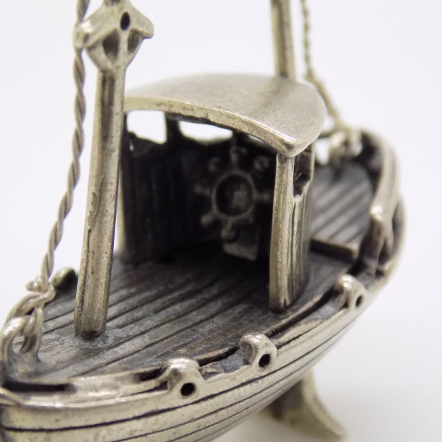 1980s Vintage Italian Handmade Genuine Silver Fisherman Boat Large Figurine Miniature For Sale - Image 5 of 11