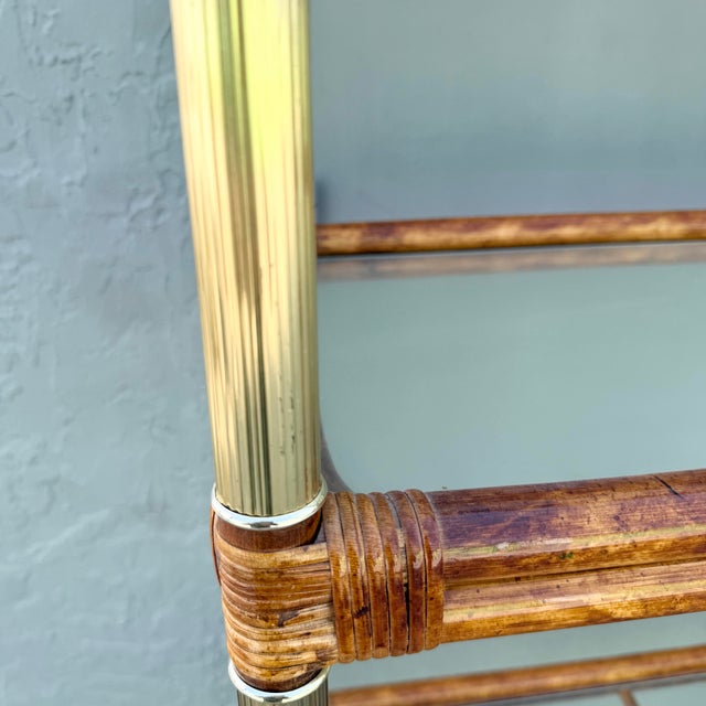 Wood Palm Beach Chic Rattan Cane and Gold Etageres - A Pair For Sale - Image 7 of 10