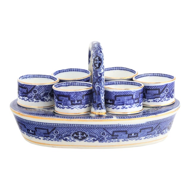 Antique English Willow Porcelain 6 Egg Cup Set w/ Handled Stand For Sale