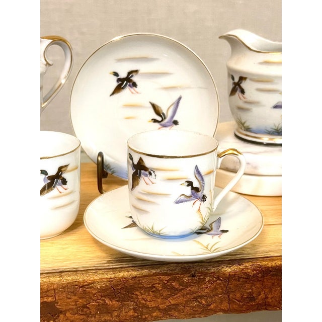 English Antique Hand-Painted Ducks in Flight Teacup and Saucer Sets with Creamer & Sugar- 10 Pieces For Sale - Image 3 of 7