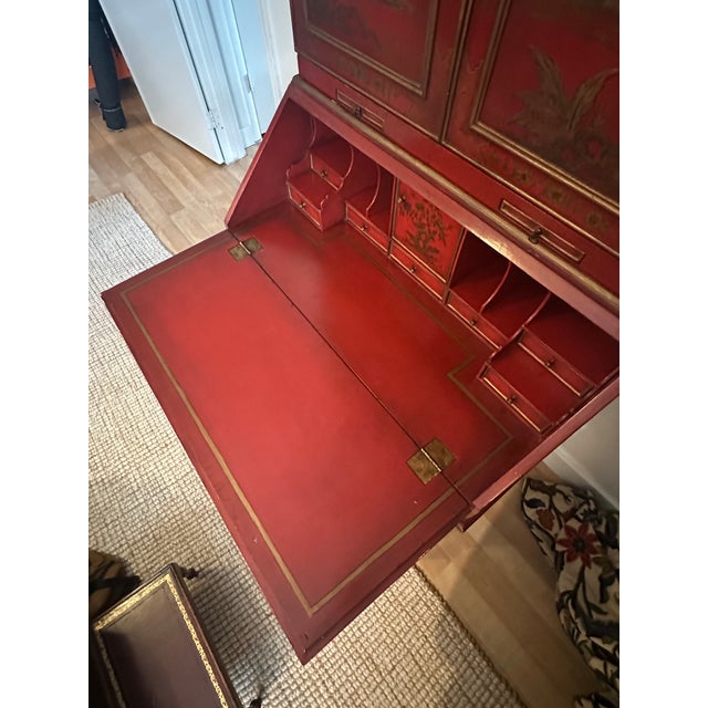 Vintage Red Chinoiserie Secretary Desk With Hand-Painted Gilt Asian Landscapes & Double Bonnet Top For Sale - Image 9 of 15