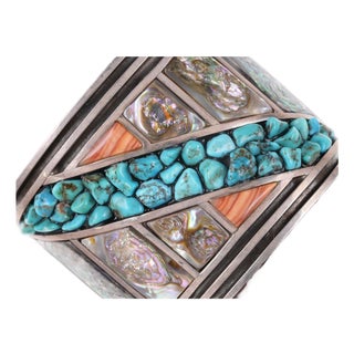 7.5" Large Native American Sterling/turquoise pebbles Spiney oyster/abalone cuff For Sale