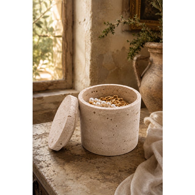 2020s Handcrafted Travertine Stone Lidded Jar, 5" Organic Modern Canister For Sale - Image 5 of 6