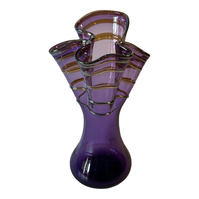 Signed Rich Pitkethly Art Glass Amethyst Handkerchief Vase With Swirled Lines For Sale