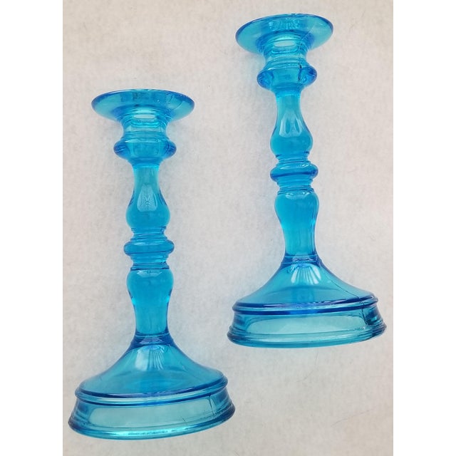 Fenton Depression Pressed Glass Electric Blue Candle Holders a Pair