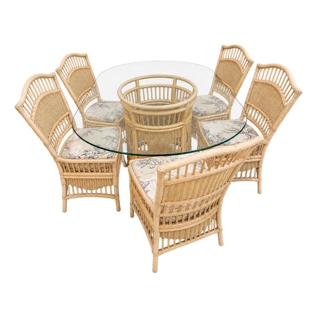 Vintage Rattan Wicker Dining Set Oval Beveled Glass Table 6 Chairs Coastal Boho For Sale