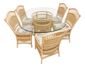 Vintage Rattan Wicker Dining Set Oval Beveled Glass Table 6 Chairs Coastal Boho