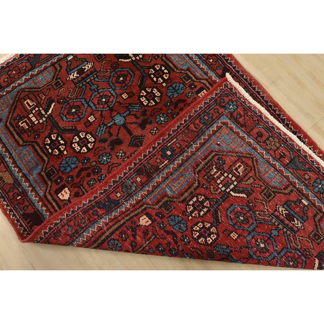 Hamedan Rug 2’10” X 4’6” Red Wool Vintage Tribal Hand-Knotted Carpet For Sale - Image 9 of 10