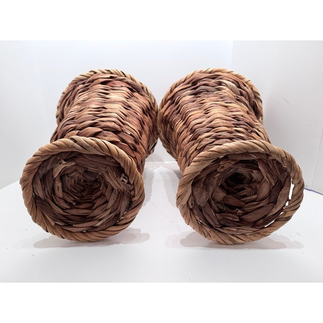 Vintage Pair Woven Wicker Urn Style Pedestal Vases For Sale In Los Angeles - Image 6 of 12