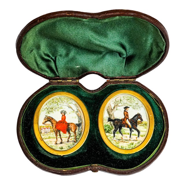 Exquisite Rare Pair Victorian Antique Portrait Miniature Paintings English Country Horse Equestrian Theme For Sale