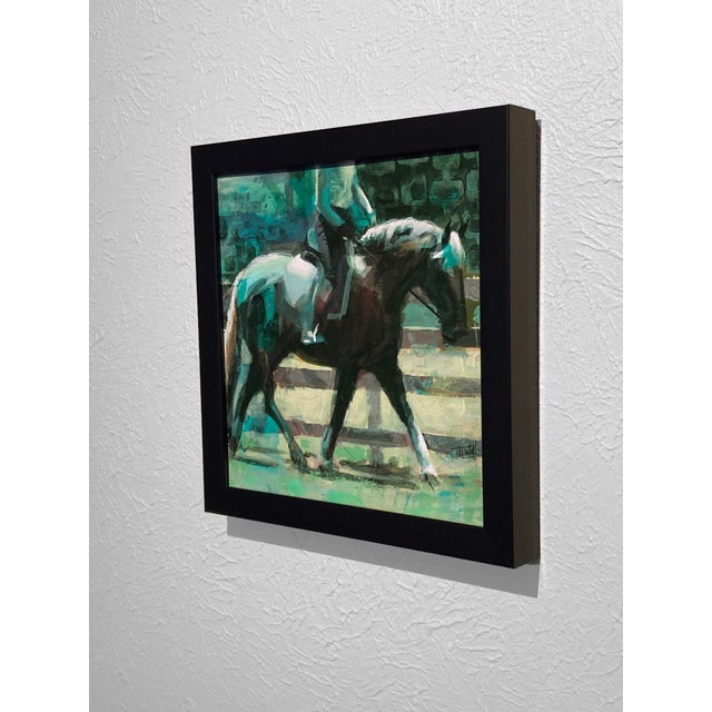 Balanced Carriage by Tracy Wall | Oil on Panel Horse and rider in motion on a grassy field. For Sale - Image 4 of 4