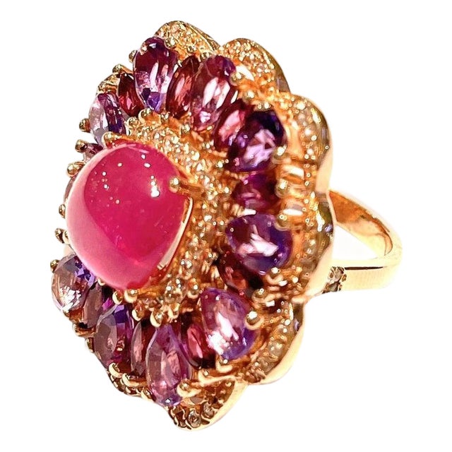Bochic "Flamenco" Vintage Ruby & Multi Color Gems Cocktail Ring 18K Gold & Silver For Sale