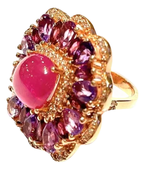 Bochic "Flamenco" Vintage Ruby & Multi Color Gems Cocktail Ring 18K Gold & Silver