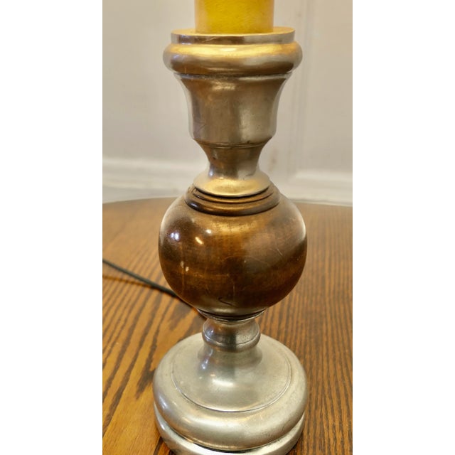 Pewter and Turned Wooden Table Lamp with Hand Painted Shade, 1930s For Sale - Image 3 of 7