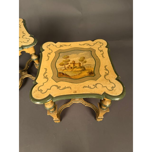 Pair of French Louis XVI Style Polychrome Side Tables With Painted Country Manor Tops, Circa 1920 For Sale - Image 11 of 12