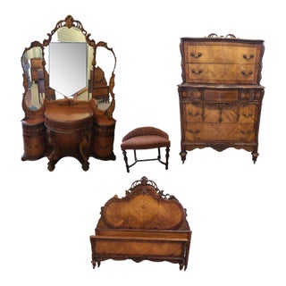 Antique French Style Bedroom Suite with Headboard & Footboard, Seven Drawer Chest, Dressing Table & Bench With Three Panel Mirror - 5 Pieces For Sale
