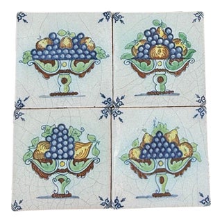 19th Century Hand-Painted Delft Wall Tiles With Fruit Baskets, Set of Four For Sale