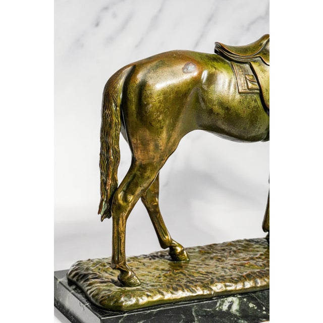 Stately Large Equestrian Antique Saddled Horse Statue Sculpture Cast Metal Marble Base Country Home Decor For Sale In New York - Image 6 of 16