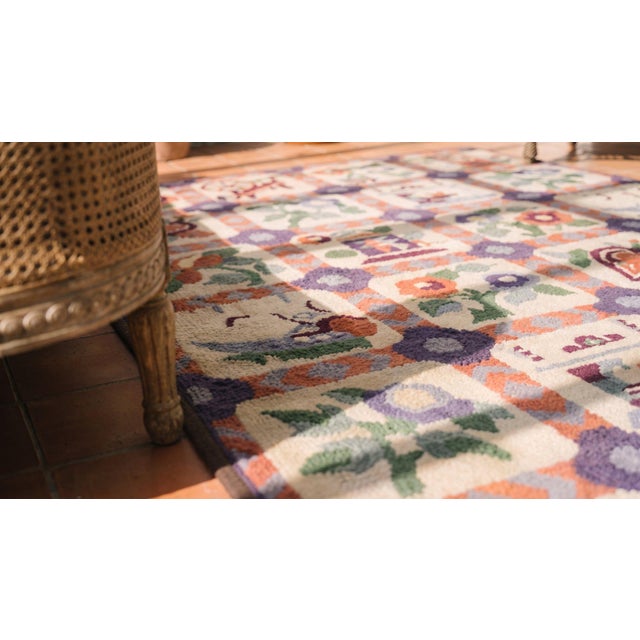 1930s Small Multicolor Geometric Roses Folk Art Antique American Hooked Wool Rug For Sale - Image 12 of 14
