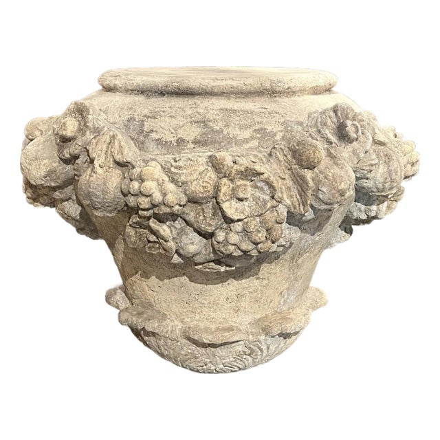 Italian Cast Stone Fruit and Floral Swag Coffee Table Base or Pedestal For Sale