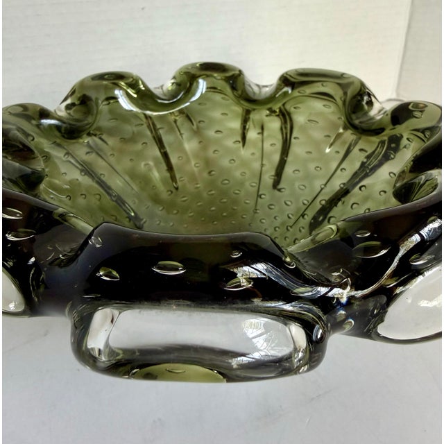 Mid-Century Modern Murano Style Olive Green Bullicante Art Glass Bowl Trinket Dish Ashtray For Sale - Image 3 of 10