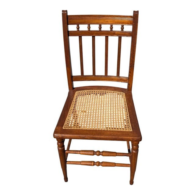 Victorian 1920's Victorian American Chestnut Cane Seat Side Desk Chair For Sale - Image 3 of 17