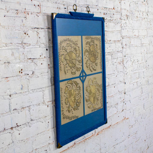 19th to 20th Century Textile Wall Art Metallic Gold Embroidered Panel on Linen Blue Silk Frame Manner of Turkish Ottoman For Sale - Image 10 of 18