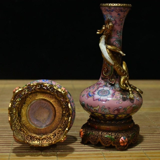Mid 20th Century Vintage Chinese Pink Enamel Vase Pair With Dragon Relief and Filigree Stands For Sale - Image 5 of 9