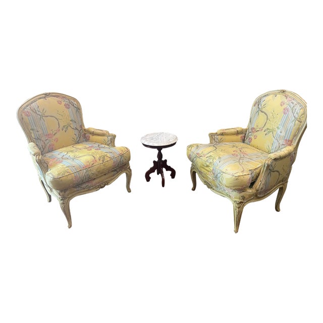 Mid 20th Century French Provincial Floral Louis XV Style Bergere Cabriole Armchair For Sale