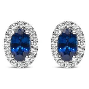 10K White Gold 5x3 MM Oval Blue Sapphire and Diamond Halo Stud Earrings (I-J Color, I1-I2 Clarity)