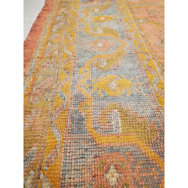 Antique Oushak Carpet, Oriental Rug, Handmade Rug Saffron, Light Blue and Coral For Sale - Image 12 of 18