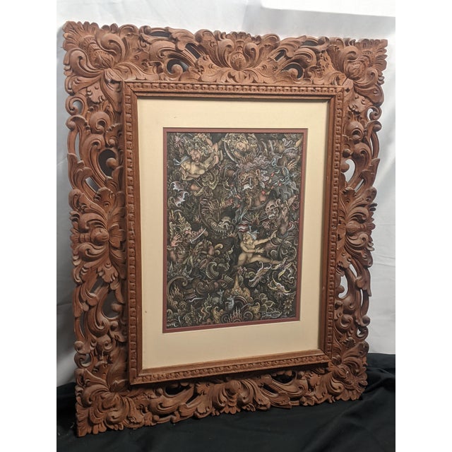 Late 20th Century Pair of Balinese Batuan-Style Narrative Paintings in Hand-Carved Wood Frames For Sale - Image 11 of 16
