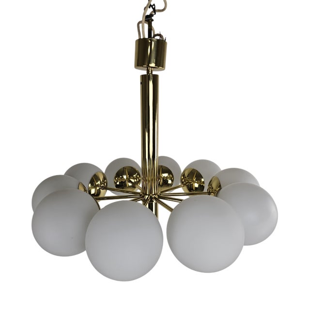 Chandelier with 10 Milky White Glass Balls and Brass Fitting from Kaiser-Leuchten, 1970s For Sale