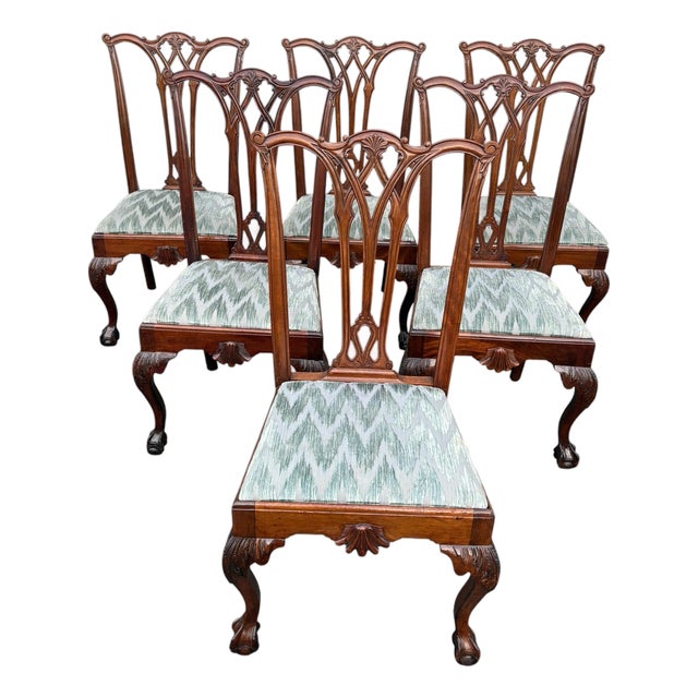 Antique Chippendale Carved Ball and Claw Foot Upholstered Dining Chairs- A Set of 6 For Sale